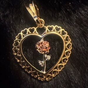 Gold Heart Pendant with Rose Design